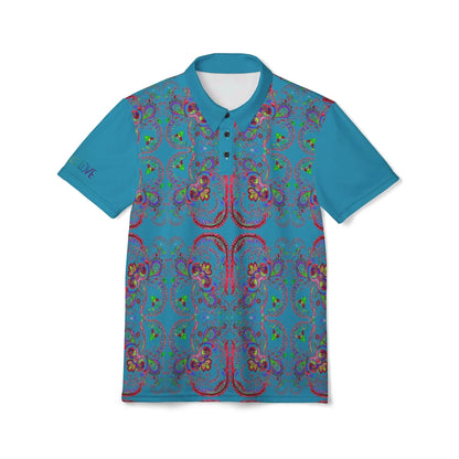 A polo shirt with a blue background featuring a red paisley pattern.