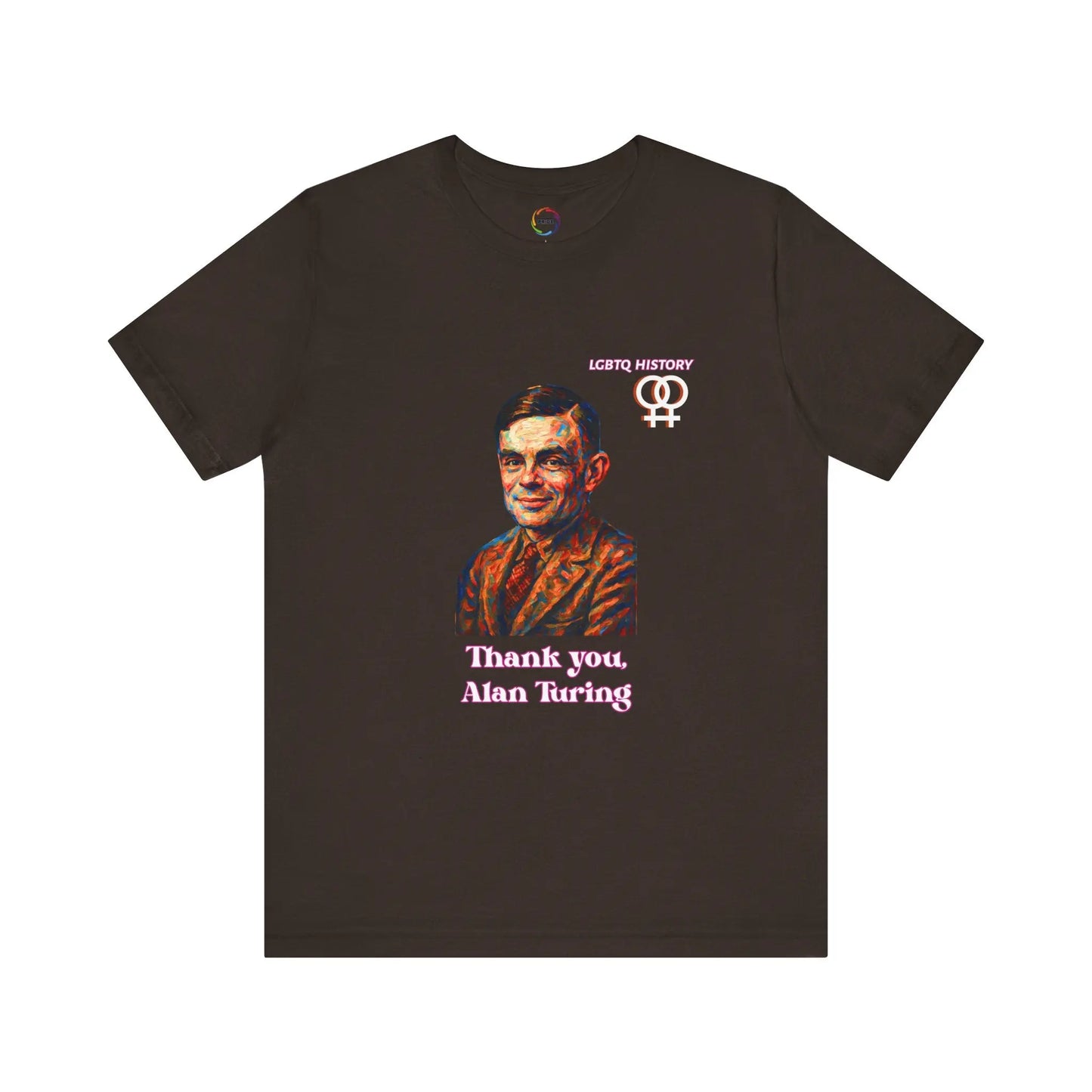 Brown t-shirt with a graphic of Alan Turing and text on a white background