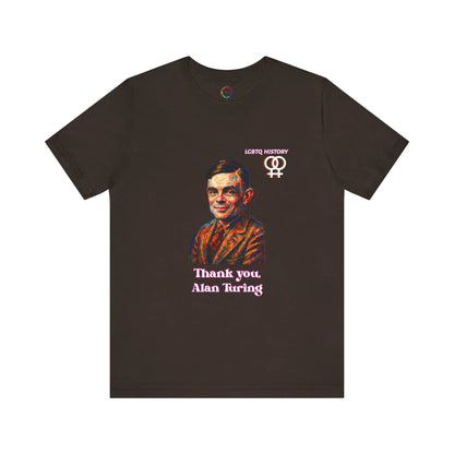 Brown t-shirt with a graphic of Alan Turing and text on a white background