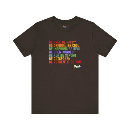 Brown t-shirt with colorful motivational text and 'Pride' logo on a white background