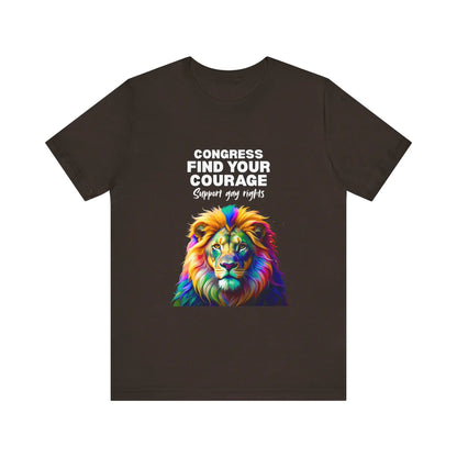 A brown t-shirt with a graphic and text that supports gay rights.