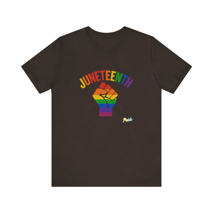 Brown t-shirt with rainbow fist and 'Juneteenth Pride' text on a white background