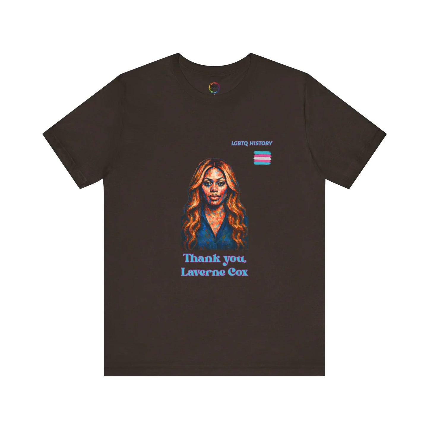 Brown t-shirt with a graphic of Laverne Cox and text on a white background