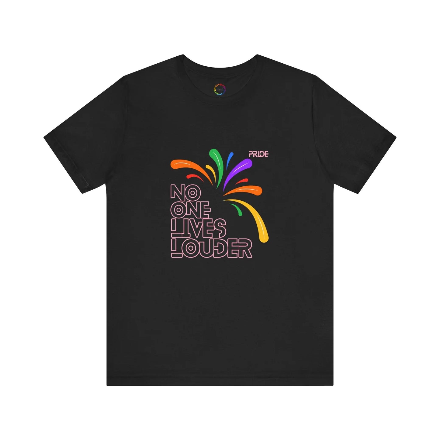 A black short sleeve tee with text saying "No One Lives Louder" and a fireworks design.