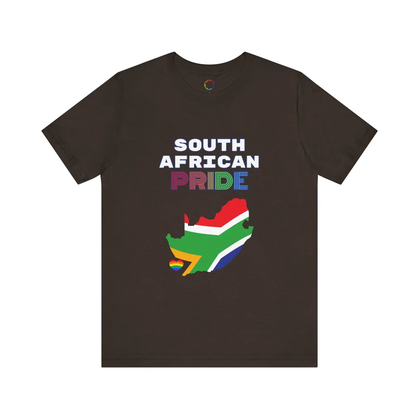 A brown short-sleeve t-shirt with 'SOUTH AFRICAN PRIDE' text and a graphic of the South African flag on it.