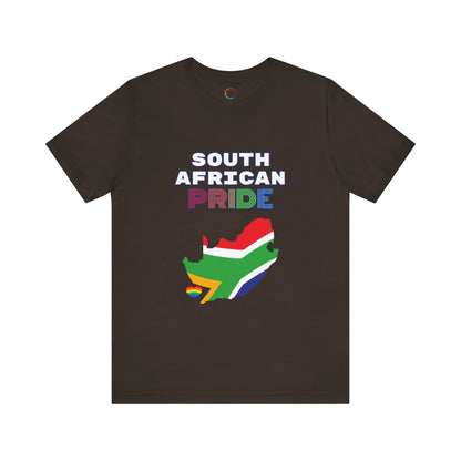 A brown short-sleeve t-shirt with 'SOUTH AFRICAN PRIDE' text and a graphic of the South African flag on it.
