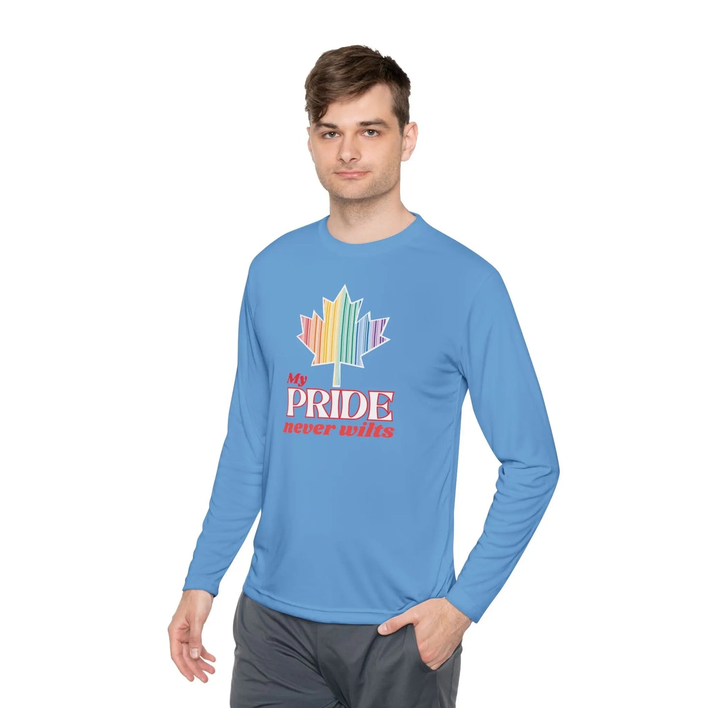 A person wearing a long sleeve Carolina blue t-shirt with a colorful graphic that reads 'My PRIDE never wilts'.