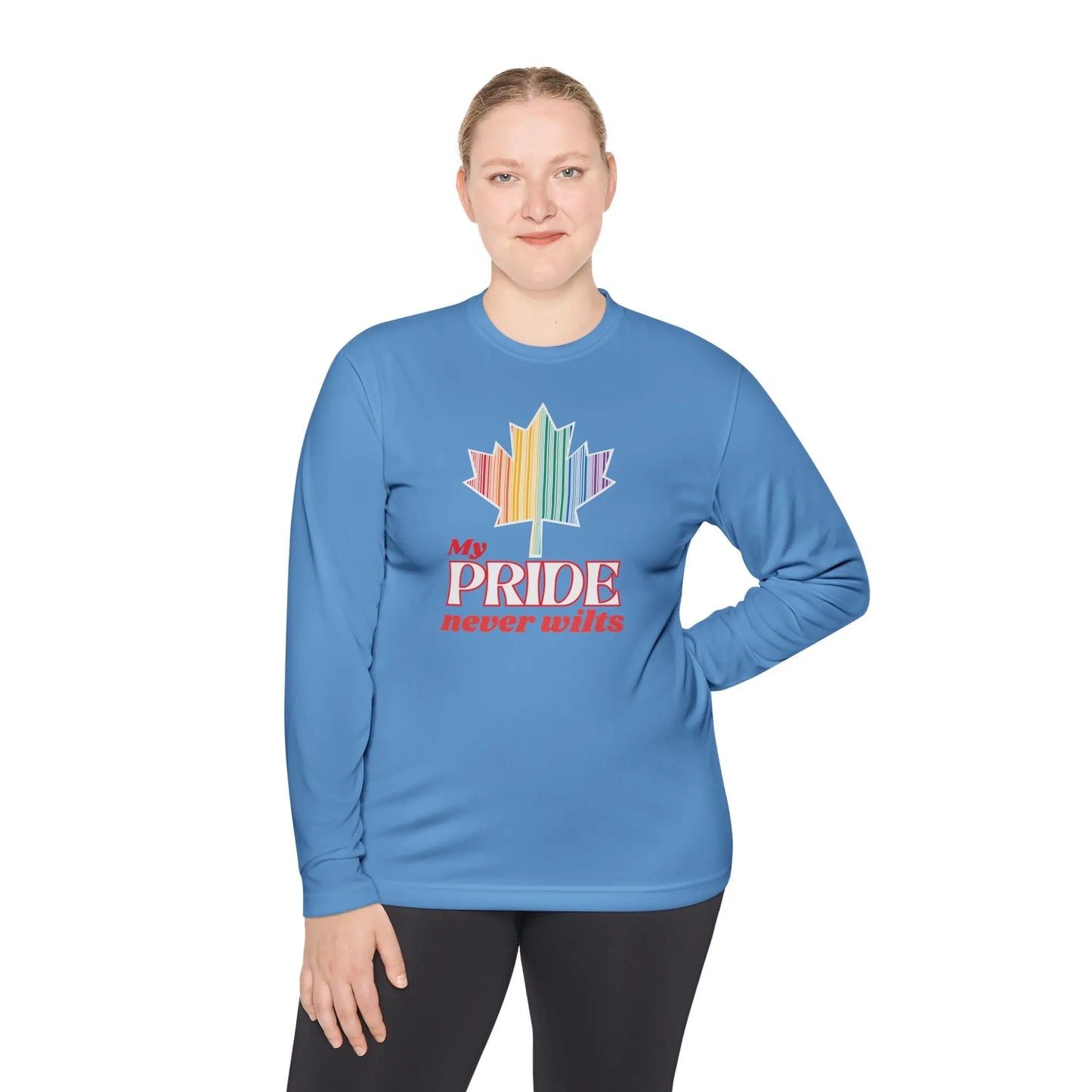 A person wearing a long sleeve Carolina blue t-shirt with a colorful graphic that reads 'My PRIDE never wilts'.