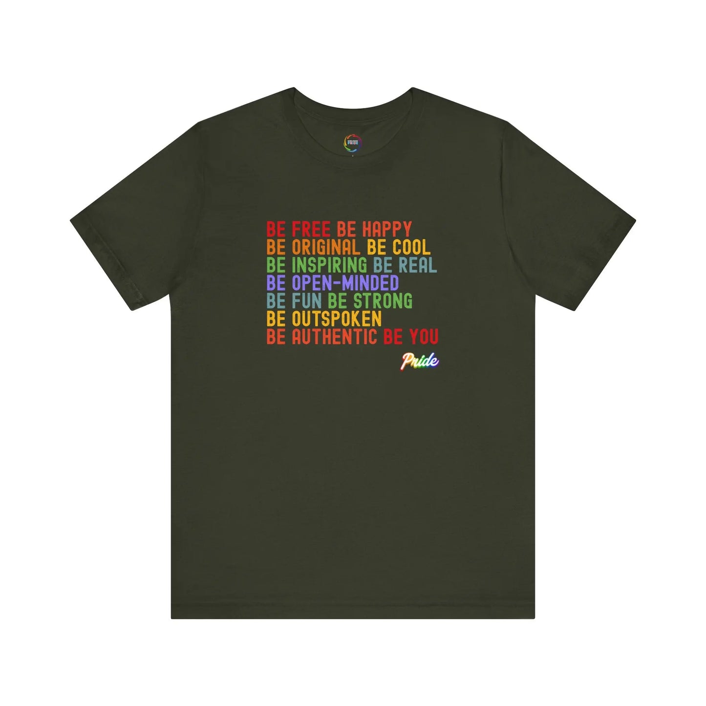 Dark green t-shirt with colorful text on a white background