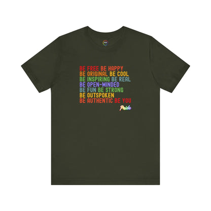Dark green t-shirt with colorful text on a white background