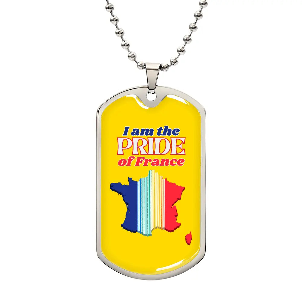 A dog tag necklace with a bright yellow background featuring a colorful map of France and the text 'I am the PRIDE of France'.