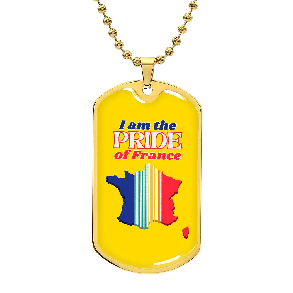 A dog tag necklace with a bright yellow background featuring a colorful map of France and the text 'I am the PRIDE of France'.