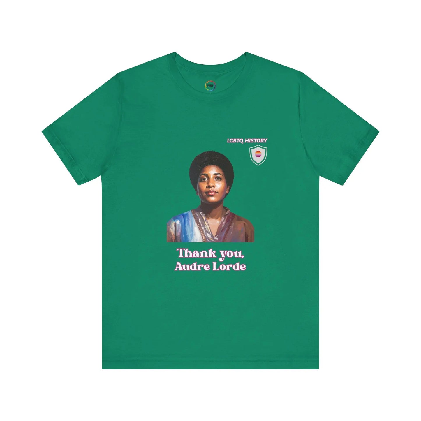 Green t-shirt with a graphic of Audre Lorde and text 'Thank you, Audre Lorde' on a white background