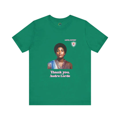Green t-shirt with a graphic of Audre Lorde and text 'Thank you, Audre Lorde' on a white background