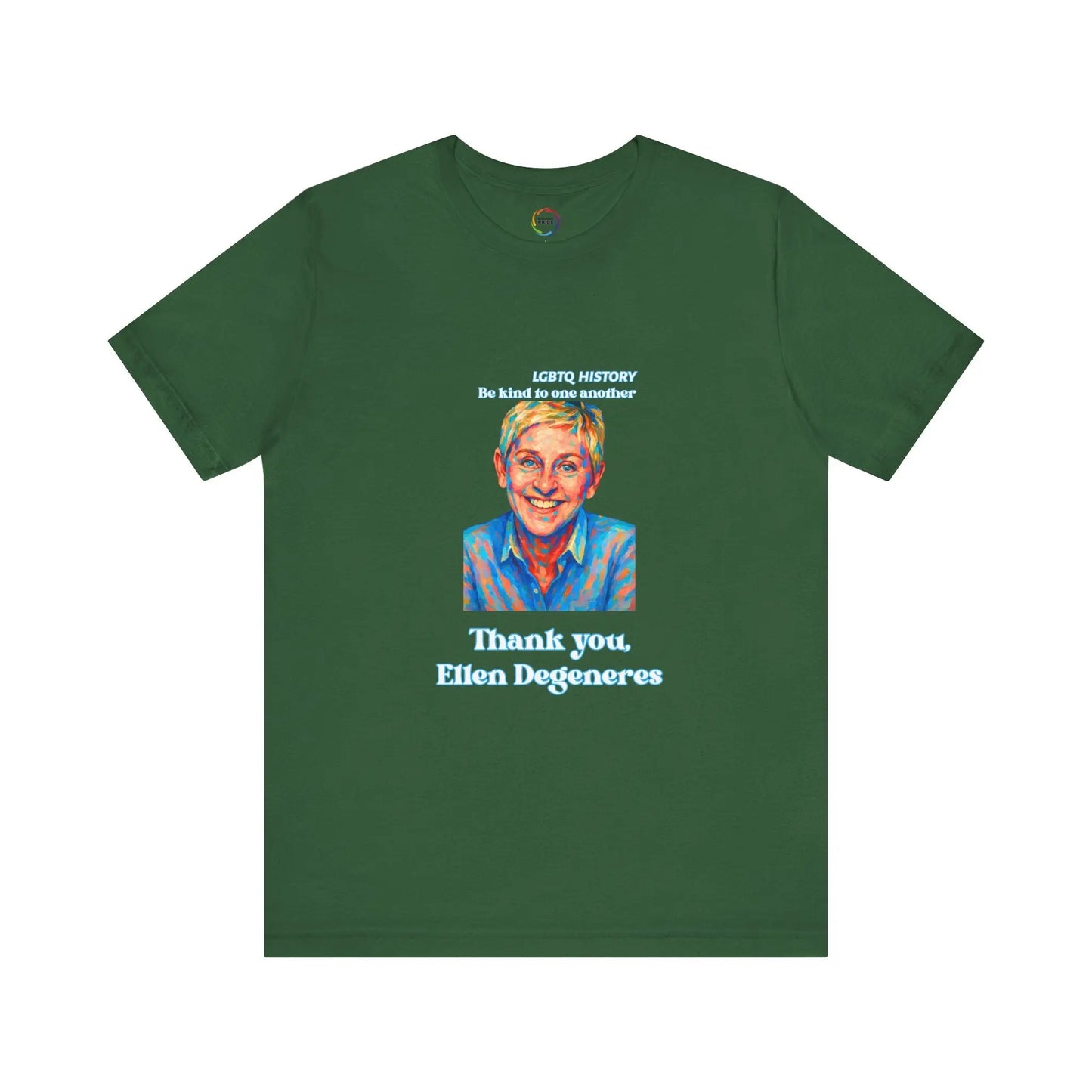 Green t-shirt with a graphic of Ellen DeGeneres and text on a white background