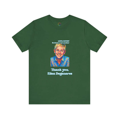Green t-shirt with a graphic of Ellen DeGeneres and text on a white background