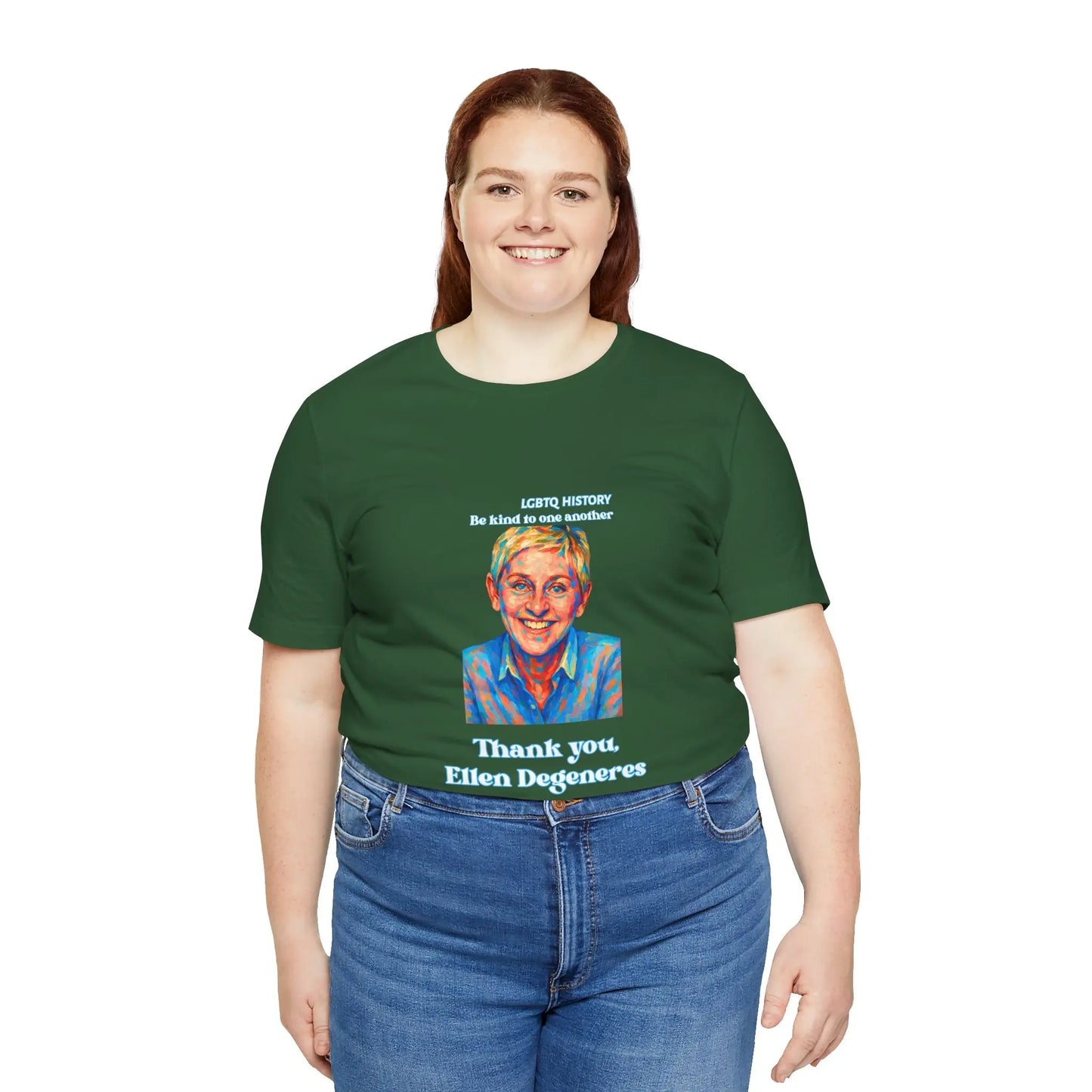 Person wearing a green t-shirt with an Ellen Degeneres graphic and text, standing against a white background