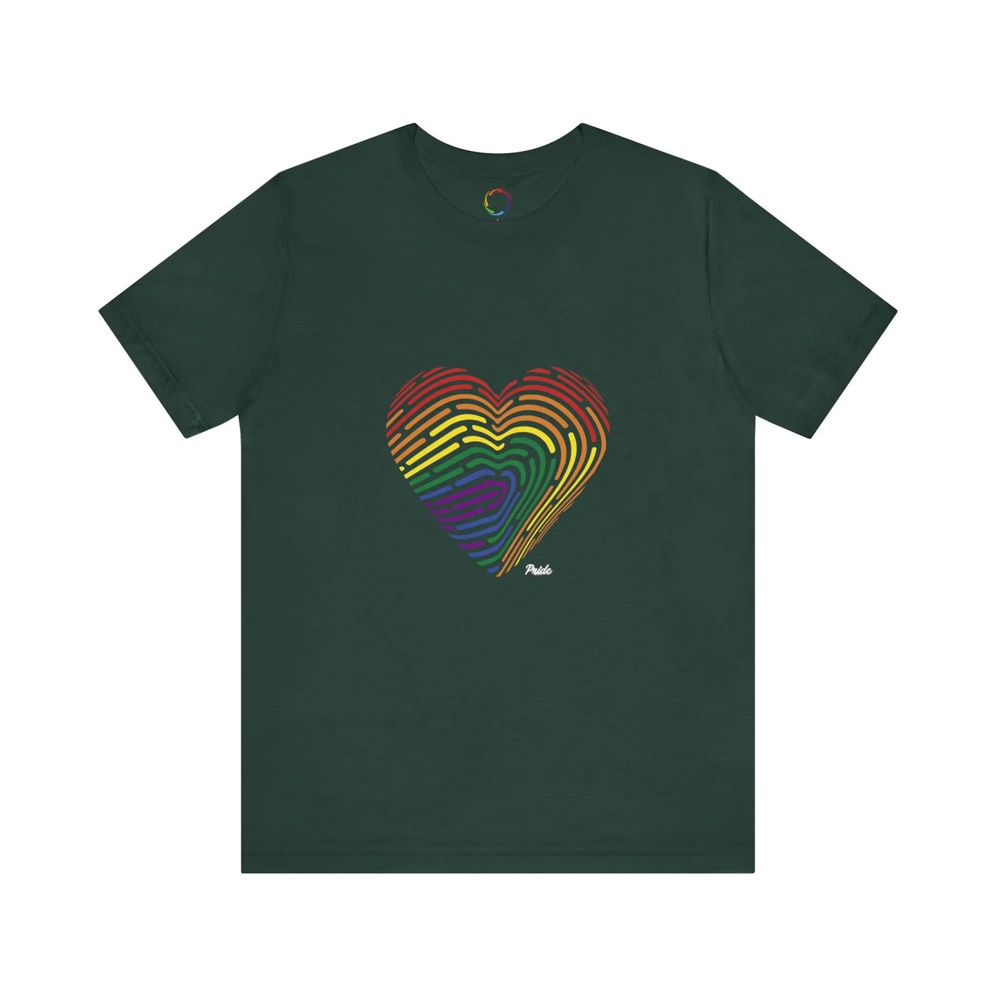 Green t-shirt with a fingerprint rainbow heart design on a white background