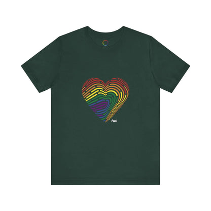 Green t-shirt with a fingerprint rainbow heart design on a white background