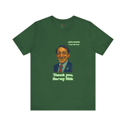 Green t-shirt with a graphic of Harvey Milk and text on a white background
