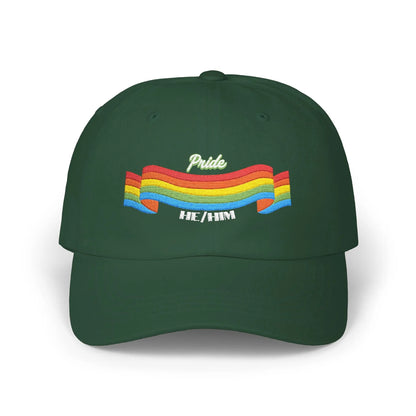 A green cap from the Worldwide PRIDE store, featuring a rainbow design and the embroidered pronouns he/him.