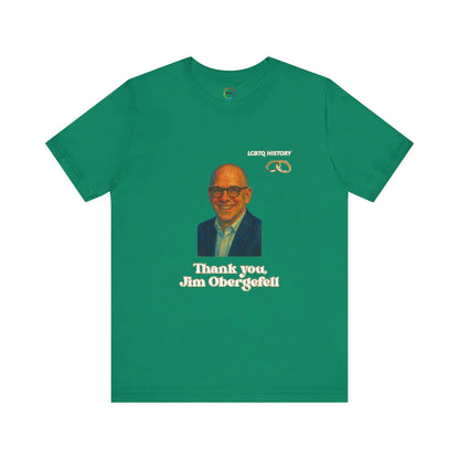 Green t-shirt with a graphic of Jim Obergefell and text on a white background