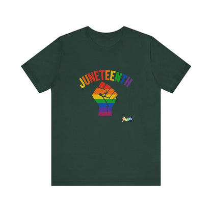 Green t-shirt with rainbow fist graphic and 'Juneteenth' text on a white background