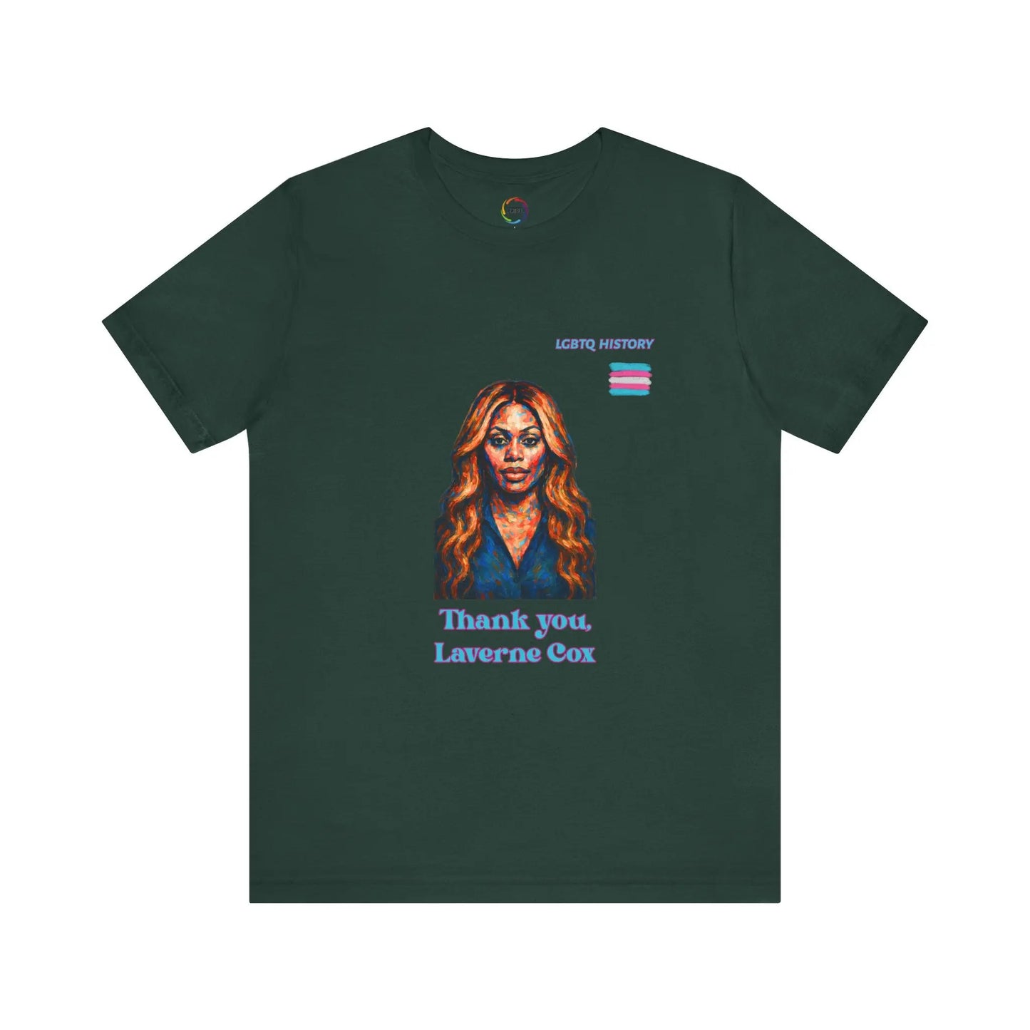 Green t-shirt with a graphic of Laverne Cox and text on a white background