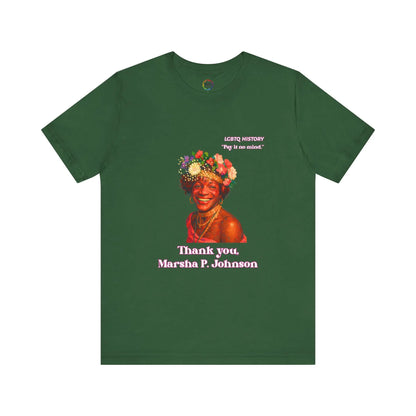 Green t-shirt with a graphic of Marsha P. Johnson with flowers in her hair and text on a white background