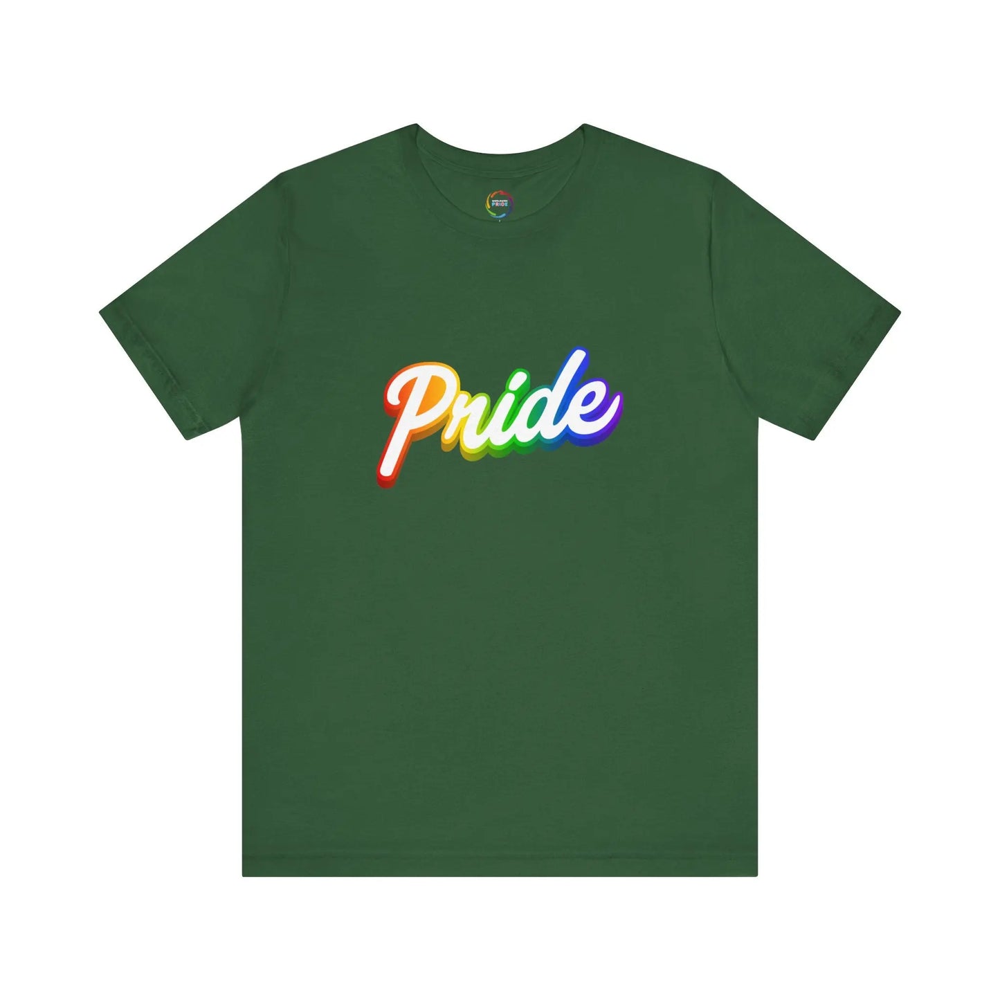 Green t-shirt with 'Pride' in rainbow colors on a white background