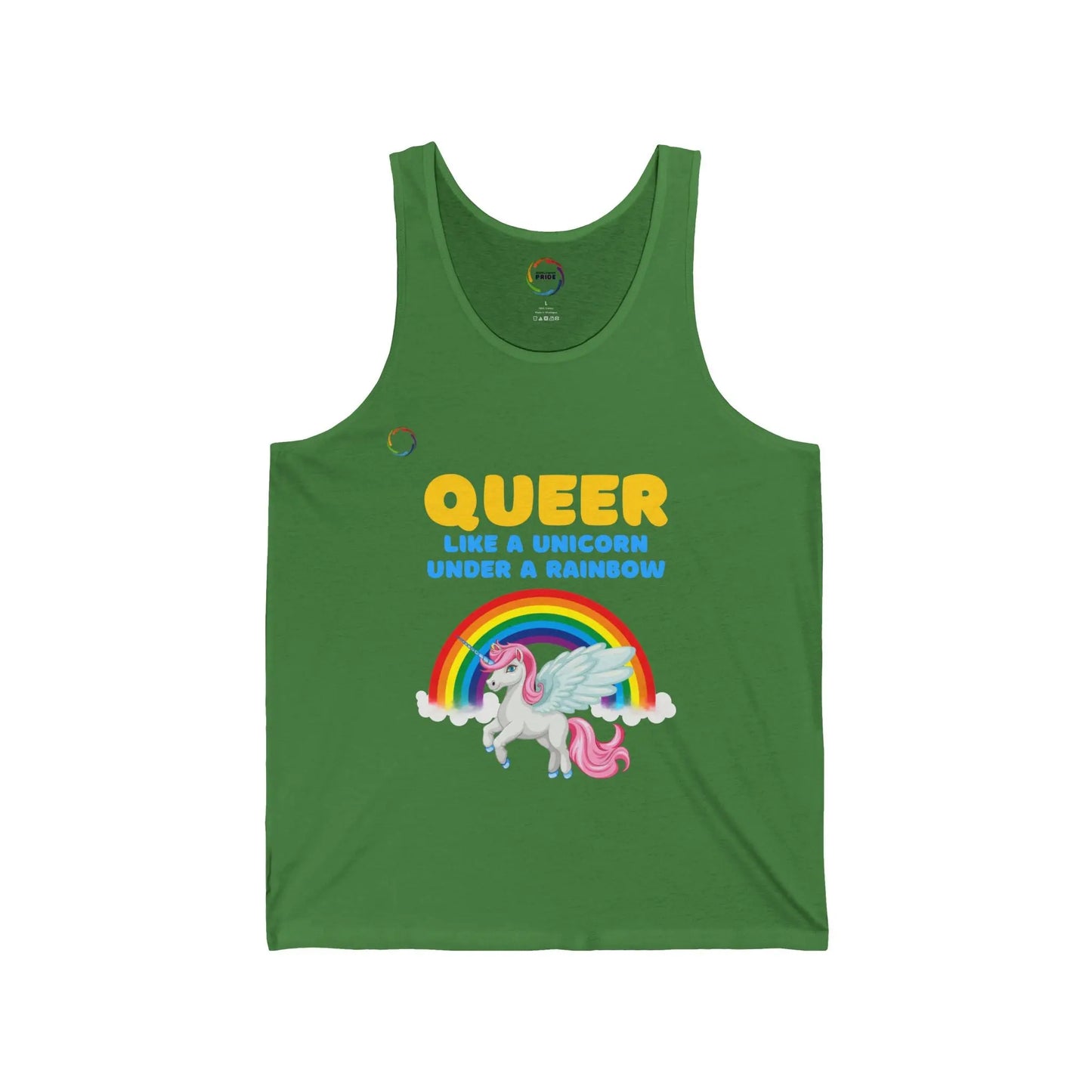 Green unisex jersey tank top with a colorful graphic that includes a rainbow and a unicorn, with the text 'QUEER like a unicorn UNDER a rainbow'.