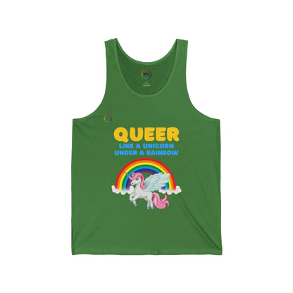 Green unisex jersey tank top with a colorful graphic that includes a rainbow and a unicorn, with the text 'QUEER like a unicorn UNDER a rainbow'.