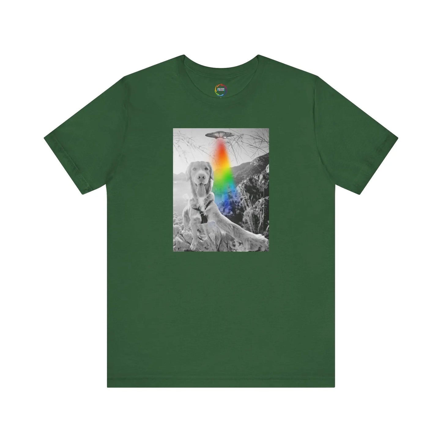 Green t-shirt with a graphic of a UFO, dog and rainbow on a white background