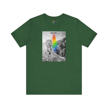 Green t-shirt with a graphic of a UFO, dog and rainbow on a white background