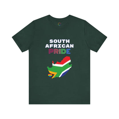 A green short-sleeve t-shirt with 'SOUTH AFRICAN PRIDE' text and a graphic of the South African flag on it.