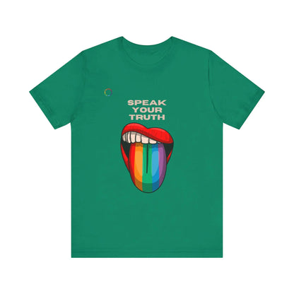 A green tee with a colorful graphic of a rainbow tongue with text that says 'Speak Your Truth' on a white background.