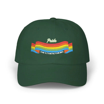 A green cap from the Worldwide PRIDE store, featuring a rainbow design and the embroidered pronouns they/them/theirs.