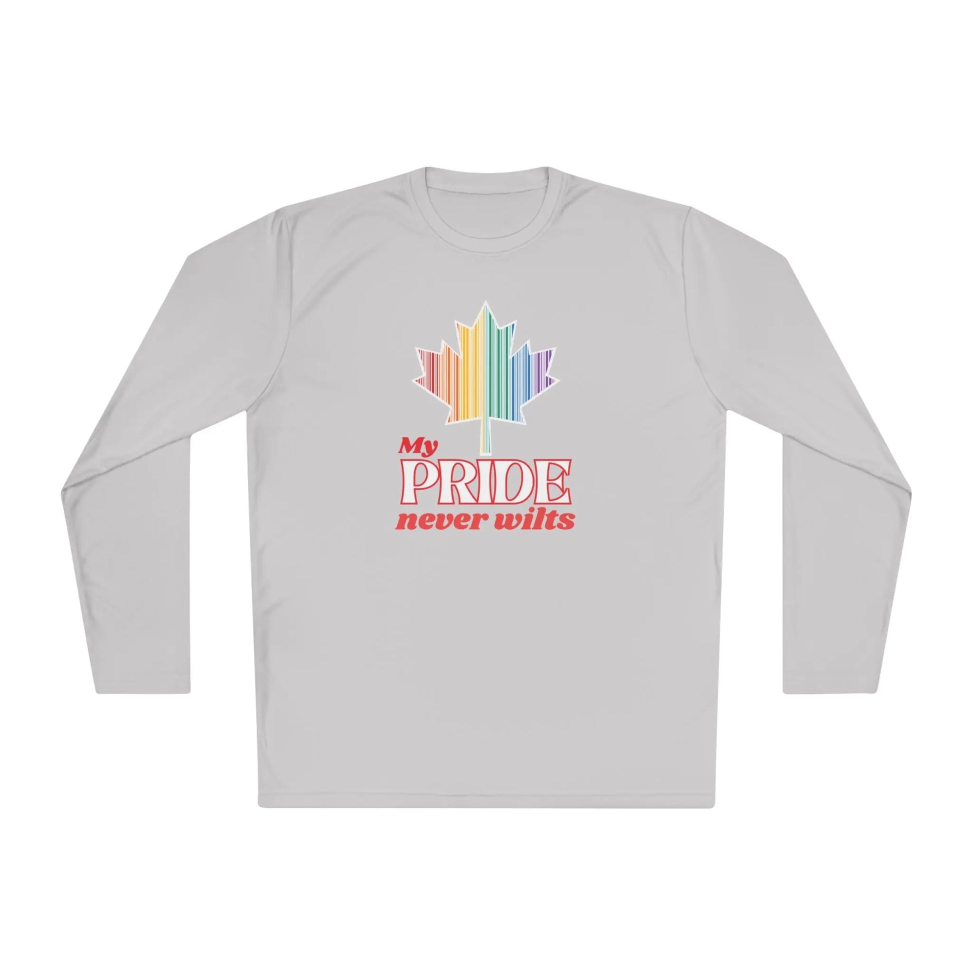 A long sleeve grey t-shirt with a colorful graphic that reads 'My PRIDE never wilts'.