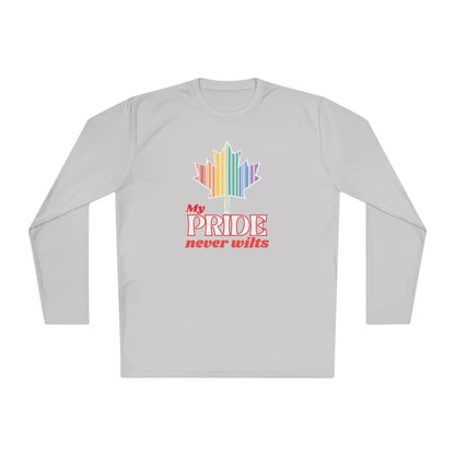 A long sleeve grey t-shirt with a colorful graphic that reads 'My PRIDE never wilts'.