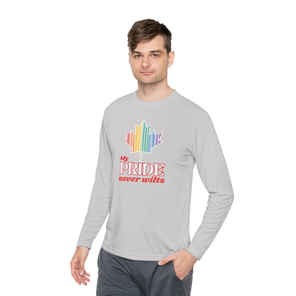 A person wearing a long sleeve gray t-shirt with a colorful graphic that reads 'My PRIDE never wilts'.