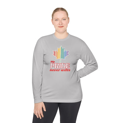 A person wearing a long sleeve gray t-shirt with a colorful graphic that reads 'My PRIDE never wilts'.