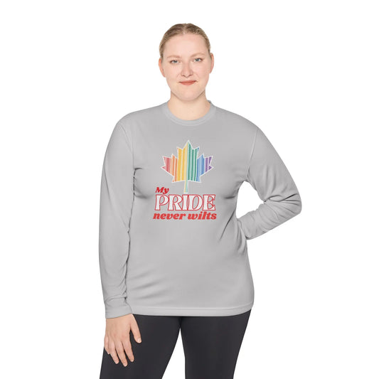 A person wearing a long sleeve gray t-shirt with a colorful graphic that reads 'My PRIDE never wilts'.
