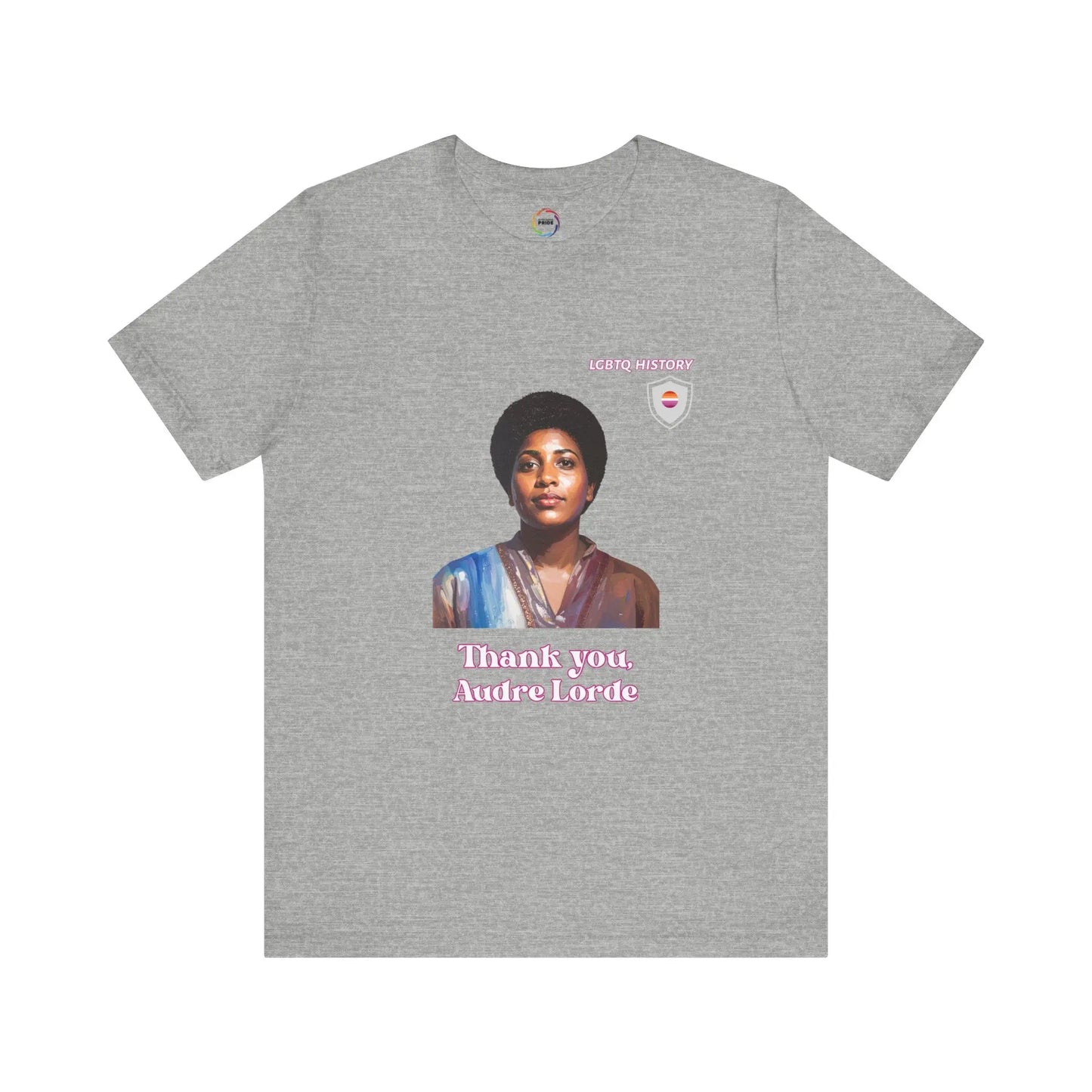 Gray t-shirt with a graphic of Audre Lorde and text 'Thank you, Audre Lorde' on a white background