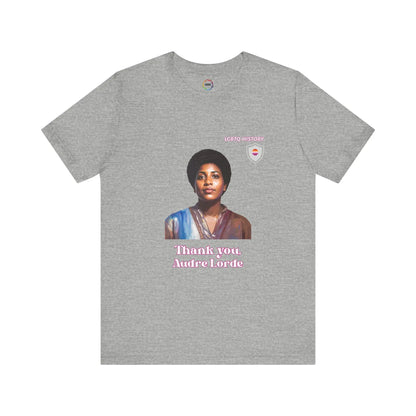 Gray t-shirt with a graphic of Audre Lorde and text 'Thank you, Audre Lorde' on a white background