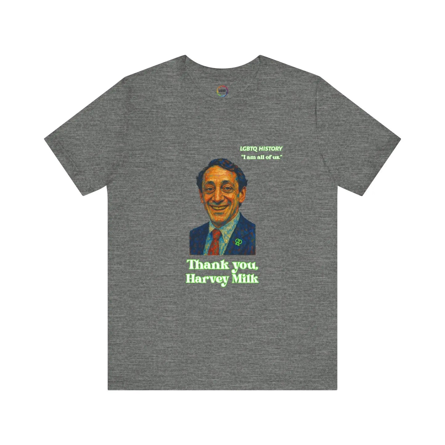 Gray t-shirt with a graphic of Harvey Milk and text on the back, on a white background