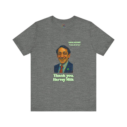 Gray t-shirt with a graphic of Harvey Milk and text on the back, on a white background
