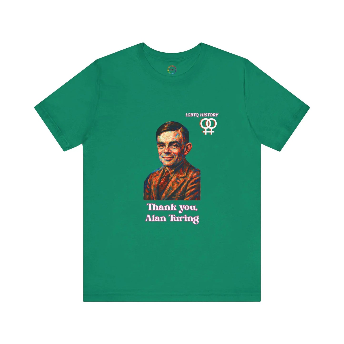 Green t-shirt with a graphic of Alan Turing and text on a white background