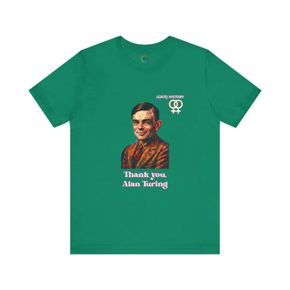 Green t-shirt with a graphic of Alan Turing and text on a white background