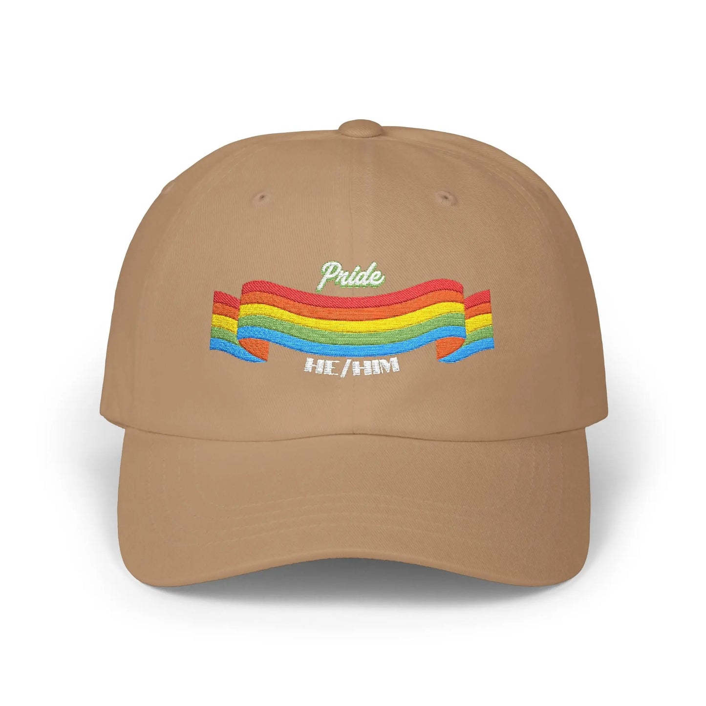 A khaki cap from the Worldwide PRIDE store, featuring a rainbow design and the embroidered pronouns he/him.