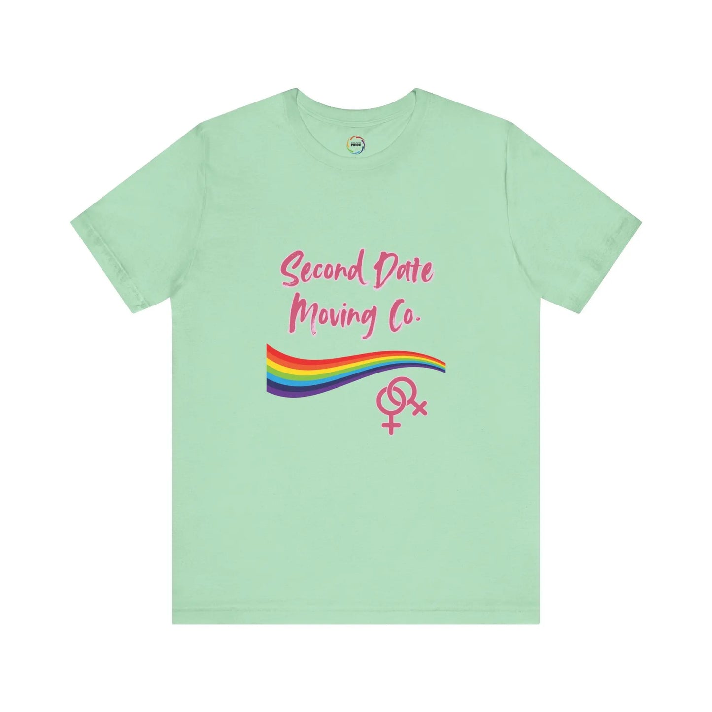 Light green t-shirt with 'Second Date Moving Co.' text and rainbow design on a white background
